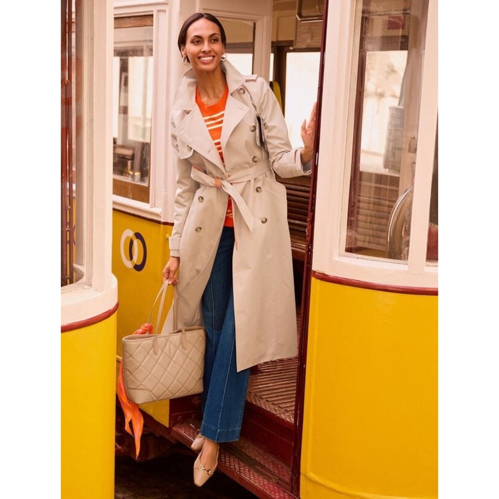Talbots Womens Beige Double Breasted Trench Coat Orange Trim Size M New
